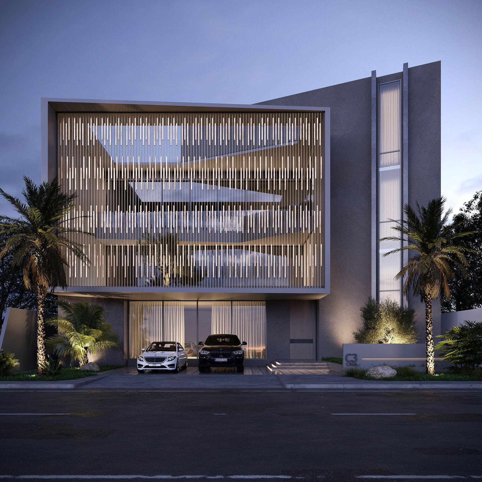 Contemporary residential facade detail showing stone cladding and geometric shadow play on Kuwait villa